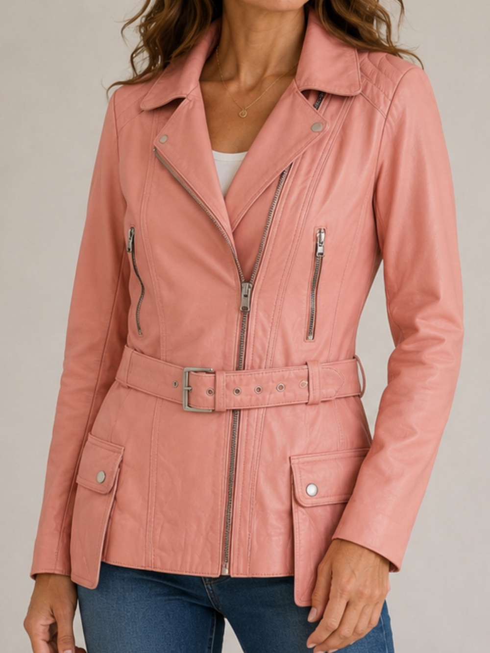 Real Leather Genuine Leather Soft Pink Long Moto Jacket Quilted Cargo Pockets